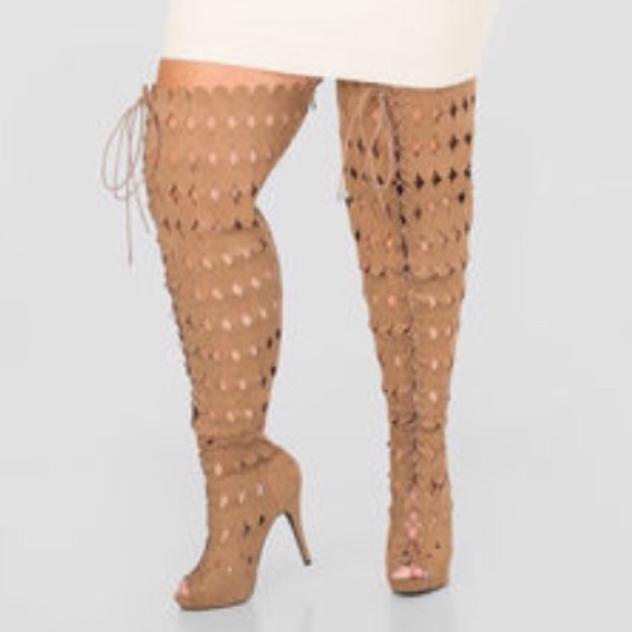 torrid Shoes - Thigh High cutout Tan Boots
